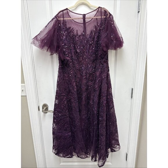 MAC DUGGAL Size 22 Purple 20477 Flutter Sleeve Embellished Cocktail Midi Dress - Picture 7 of 10